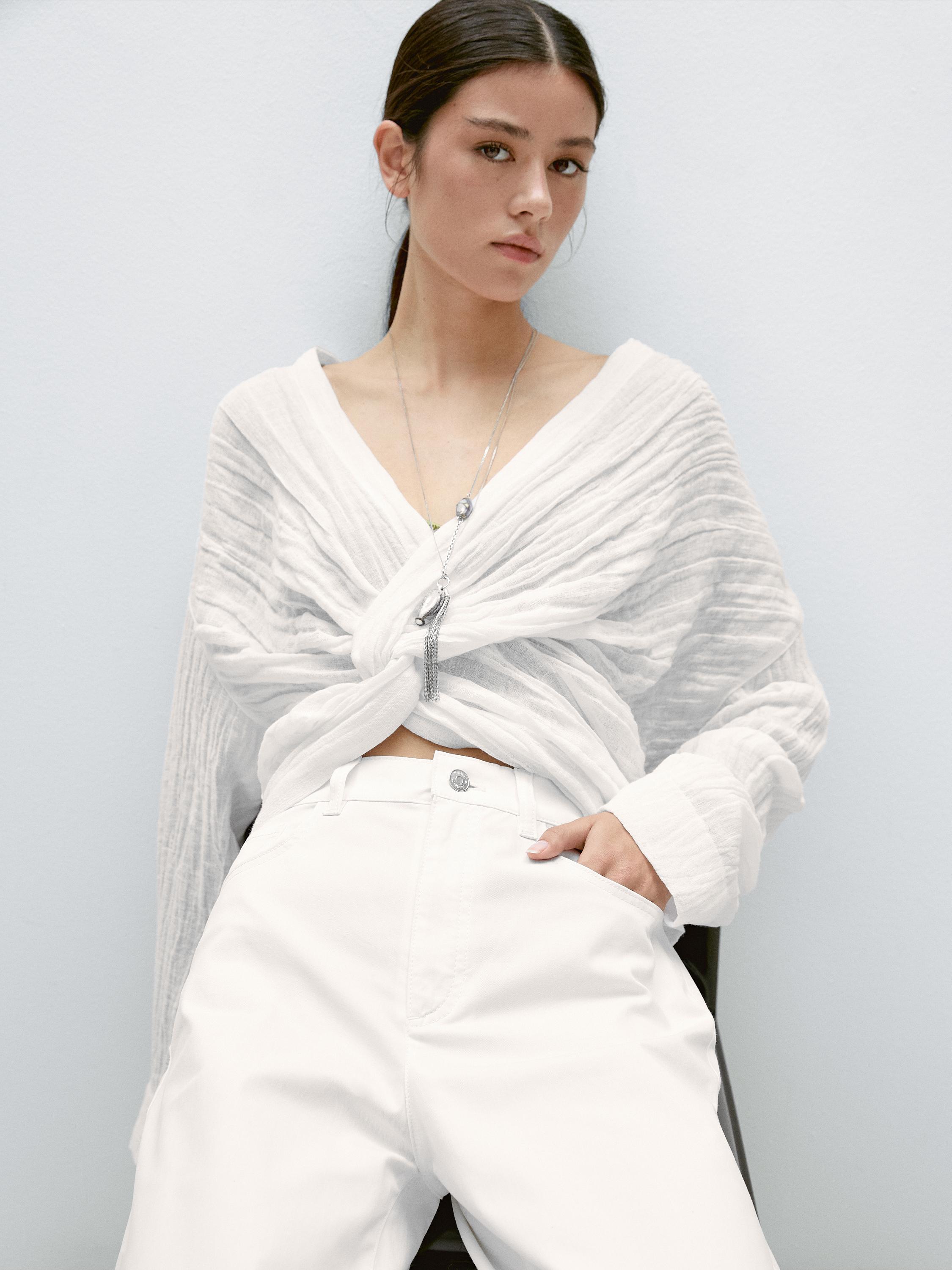 Pantalon straight cropped en coton mélangé